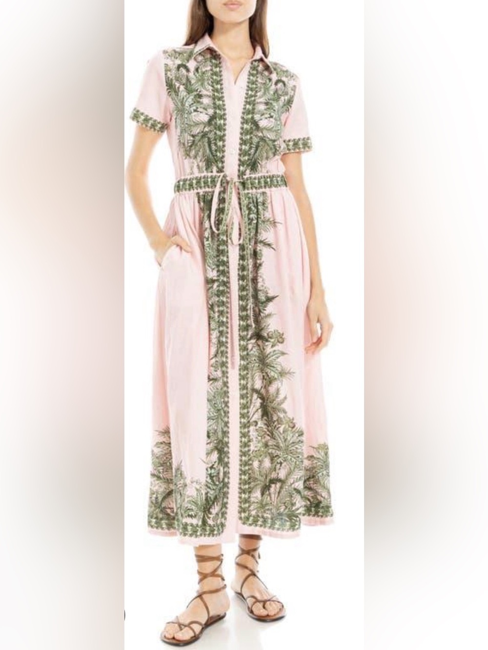 Max Studio Pink Maxi Dress with Green Botanical Trim